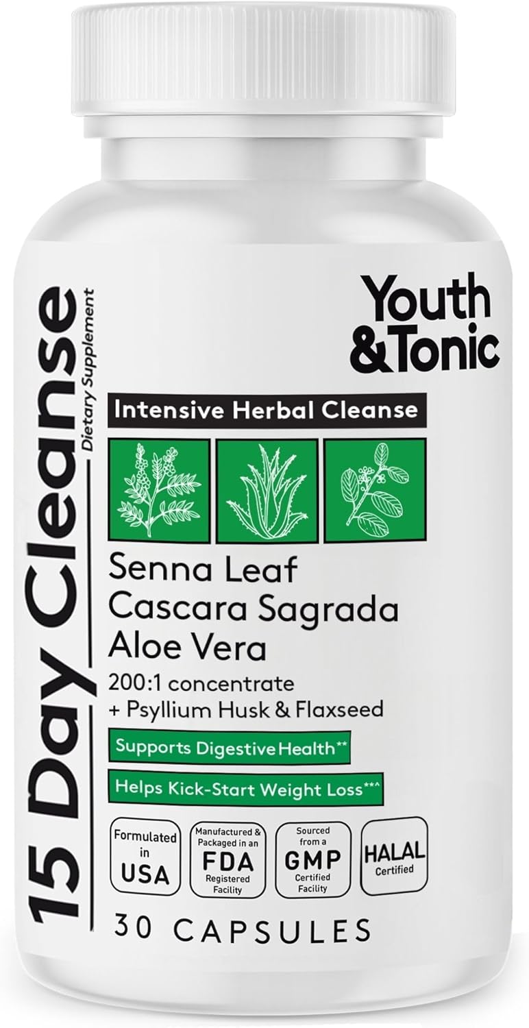 Youth & Tonic 15 Day Cleanse – Colon & Gut Cleanse Detox Reset for Plateaus, Belly Bloating & Regularity, Digestive Health – for Women & Men, 30 Pills
