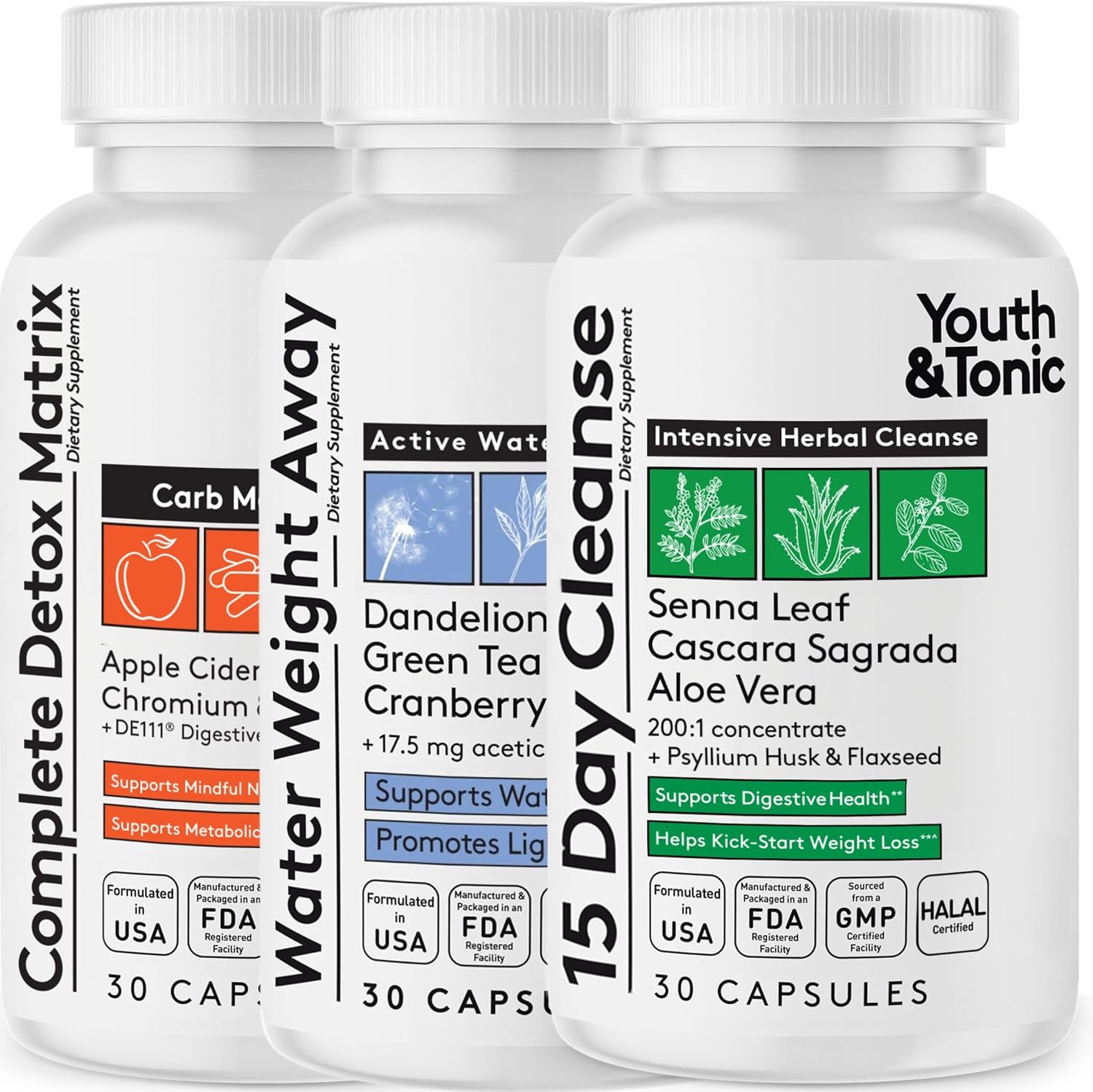 Youth & Tonic 3PK Detox Cleanse Kick Off Weight Management & Bloating Support – 15 Day Colon & Gut Cleanse, Water Weight Away & Detox Matrix Complex – 90 Pills