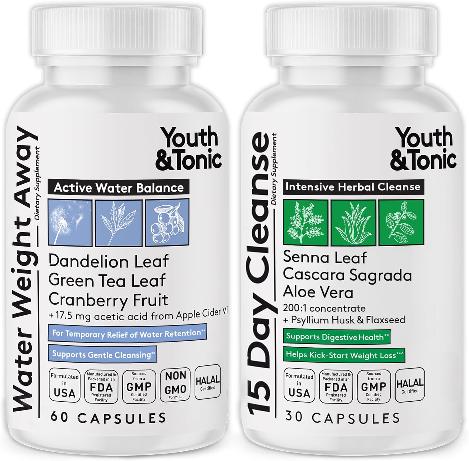 Youth & Tonic Water & Waste Reset – Water Weight Away & 15 Day Cleanse Pills for Digestive Cleanse, Fluid Retention, Colon Cleanser, Gut Detox & Bloating Support for Women & Men – 90 Capsules