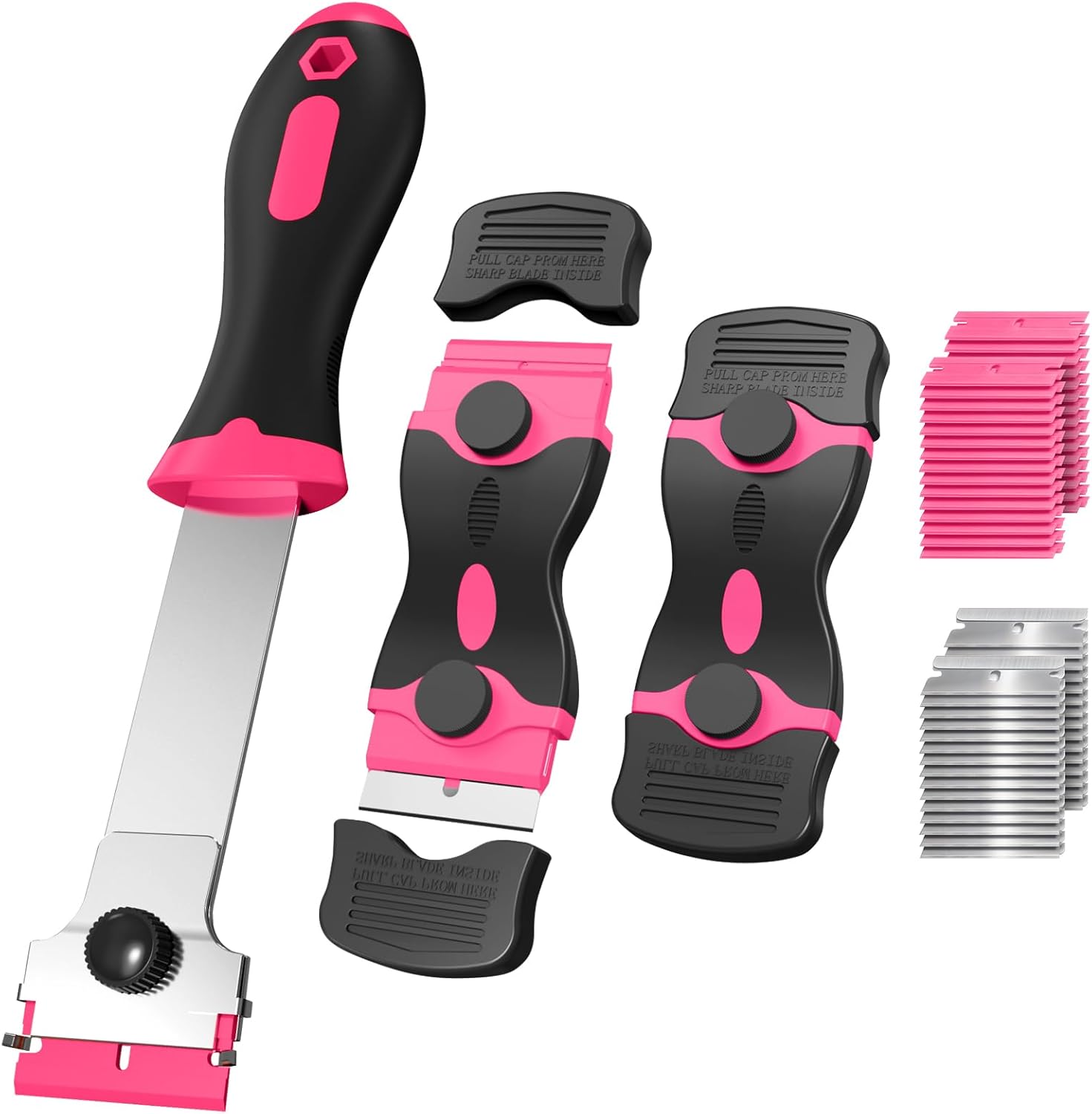 Ywmoml 3 Pack Razor Blade Scraper Set, Includes 30 Plastic & 30 Metal Blades, Multi-Purpose Tool for Glass, Cooktop, Sticker Removal, Paint & Gum Cleaning (Pink)