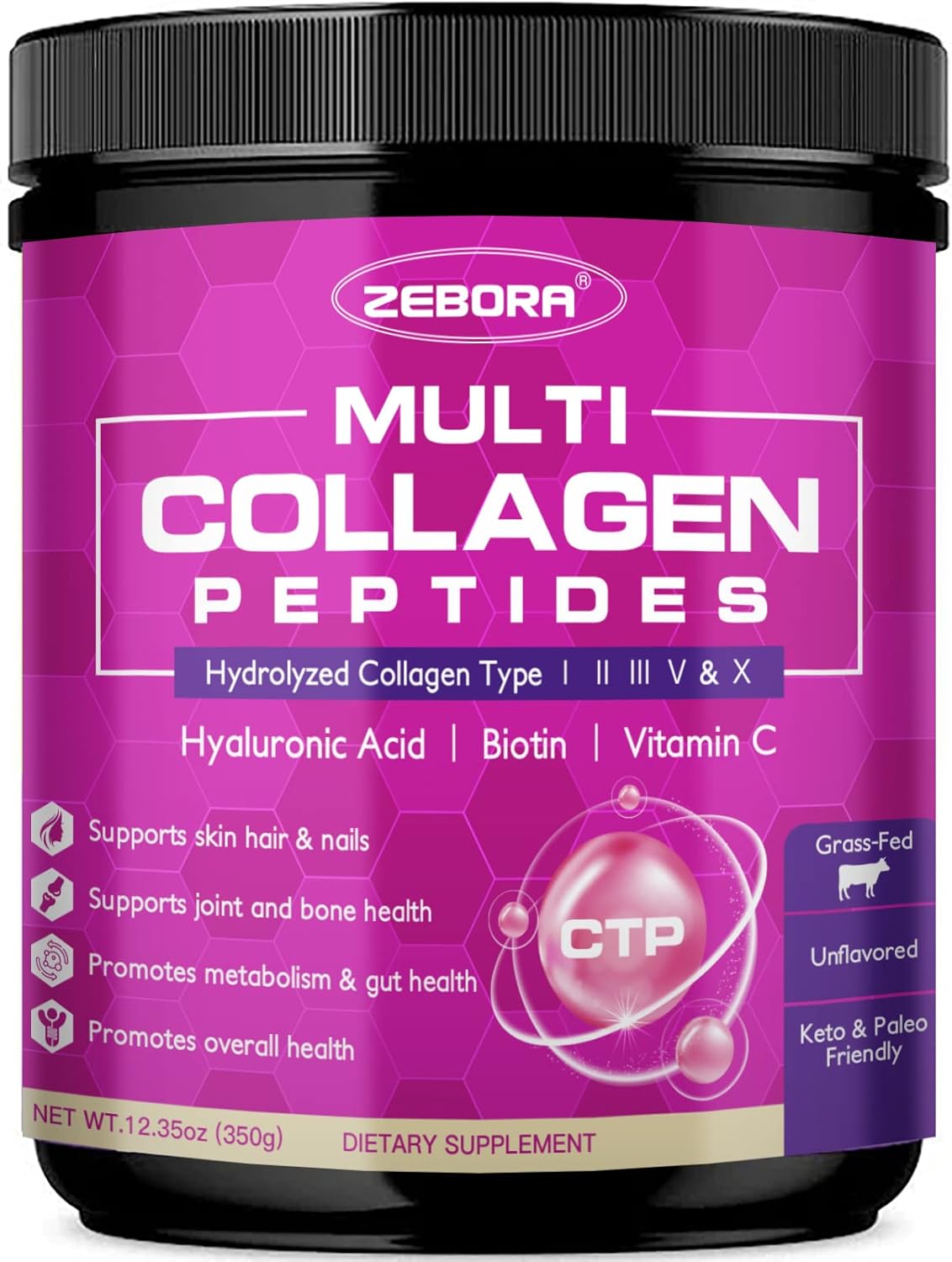 ZEBORA Multi Collagen Peptides Powder – Hydrolyzed Collagen Type I II III V X with Hyaluronic Acid, Biotin, Vitamin C – Support Skin Hair Nail Joints, Non-GMO, Unflavored, Keto Friendly