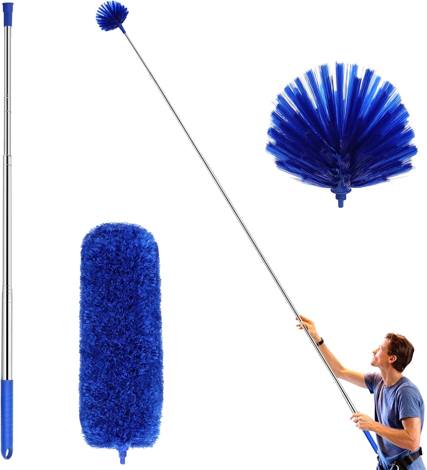 ZZ LAZYCOTTAGE Cobweb Duster with Extension Pole, Washable Cleaning Duster Kit with 2 Duster Heads, Cobweb Duster, Corner Brush, Aluminum Telescoping Pole for Ceiling Fan (Blue)