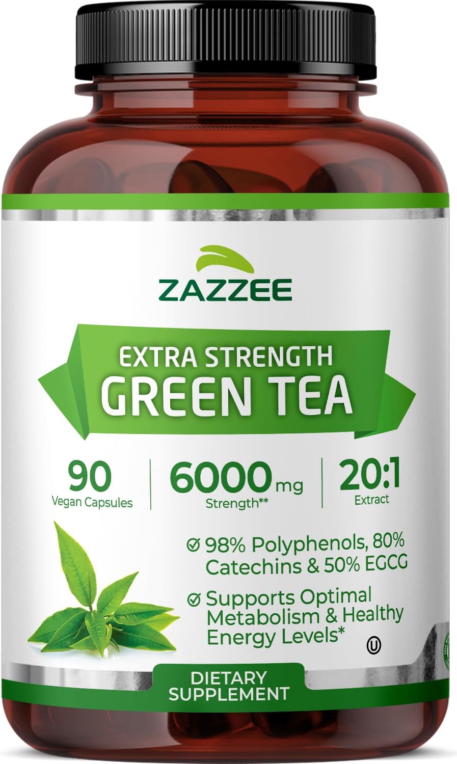 Zazzee Extra Strength Green Tea 20:1 Extract, 50% EGCG, 98% Polyphenols, 80% Catechins, 90 Vegan Capsules, 3 Month Supply, Certified Kosher, Antioxidant & Metabolism Support, Non-GMO, Made in the USA