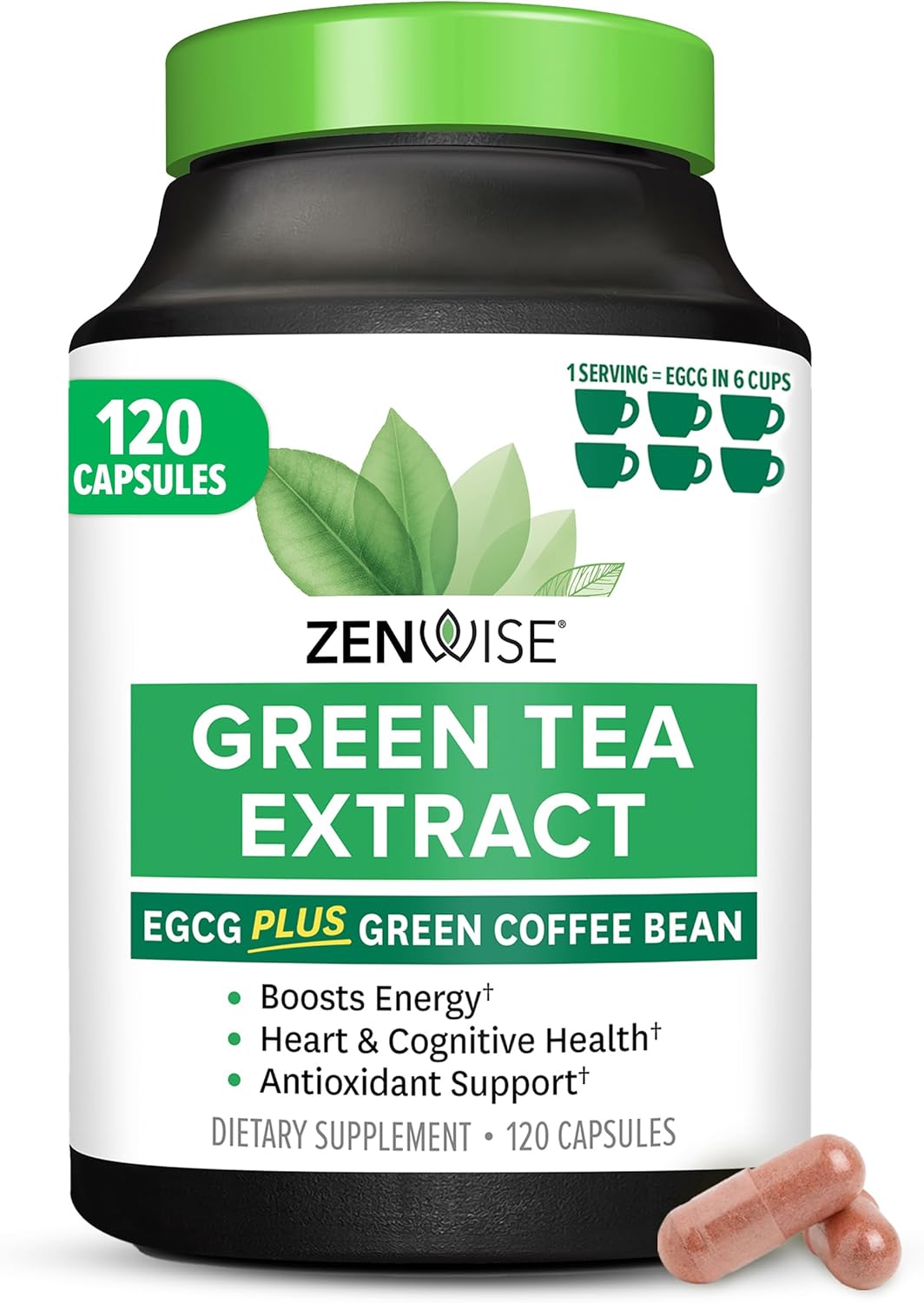 Zenwise Health Green Tea Extract Capsules for Men & Women – EGCG Supplement with Green Coffee Bean Extract Boosts Energy & Memory – Immune Support for Skin, Brain & Hearth Health – Vegan – 120 Count