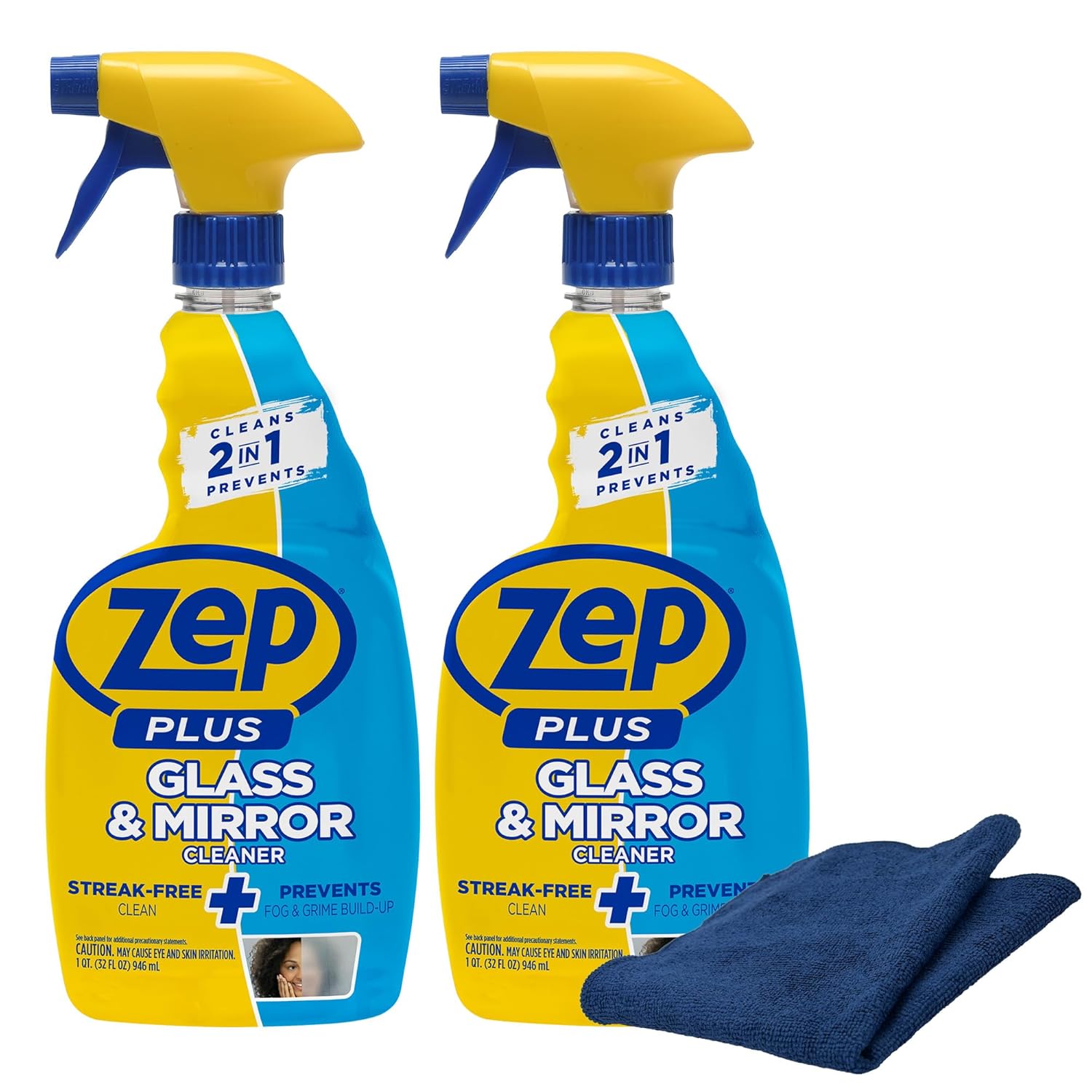 Zep Plus Glass & Mirror Foaming Cleaner 32 oz (2 Units) and a Blue Microfiber Rag ECBD025-2-Pack Ammonia-Free Anti-Fog Streak-Free Mirror and Glass Cleaning with a Reusable Rag