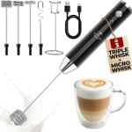 Zulay Kitchen Rechargeable Milk Frother Handheld - Lux 4 Whisks, Powerful 2-Speed Motor, Waterproof, 2000mAh Battery - Drink Mixer for Latte, Cappuccino, Matcha & Protein Powder - Jet Black