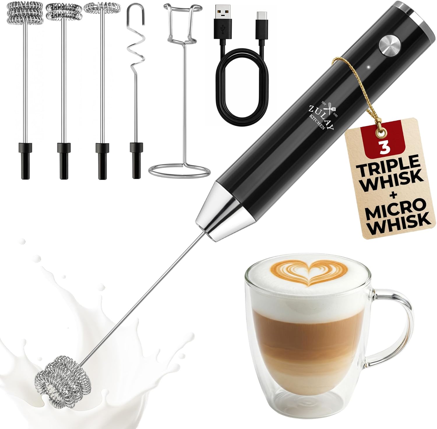 Zulay Kitchen Rechargeable Milk Frother Handheld – Lux 4 Whisks, Powerful 2-Speed Motor, Waterproof, 2000mAh Battery – Drink Mixer for Latte, Cappuccino, Matcha & Protein Powder – Jet Black