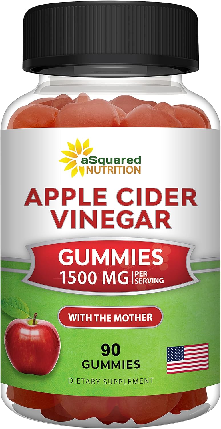 aSquared Nutrition Apple Cider Vinegar Gummies – 1500mg Per Serving – with The Mother – 90 ACV Gummies w/Vitamin B6 & B12, Folic Acid – Vegan Gummy Supplement Alternative to Capsules Pills & Drink