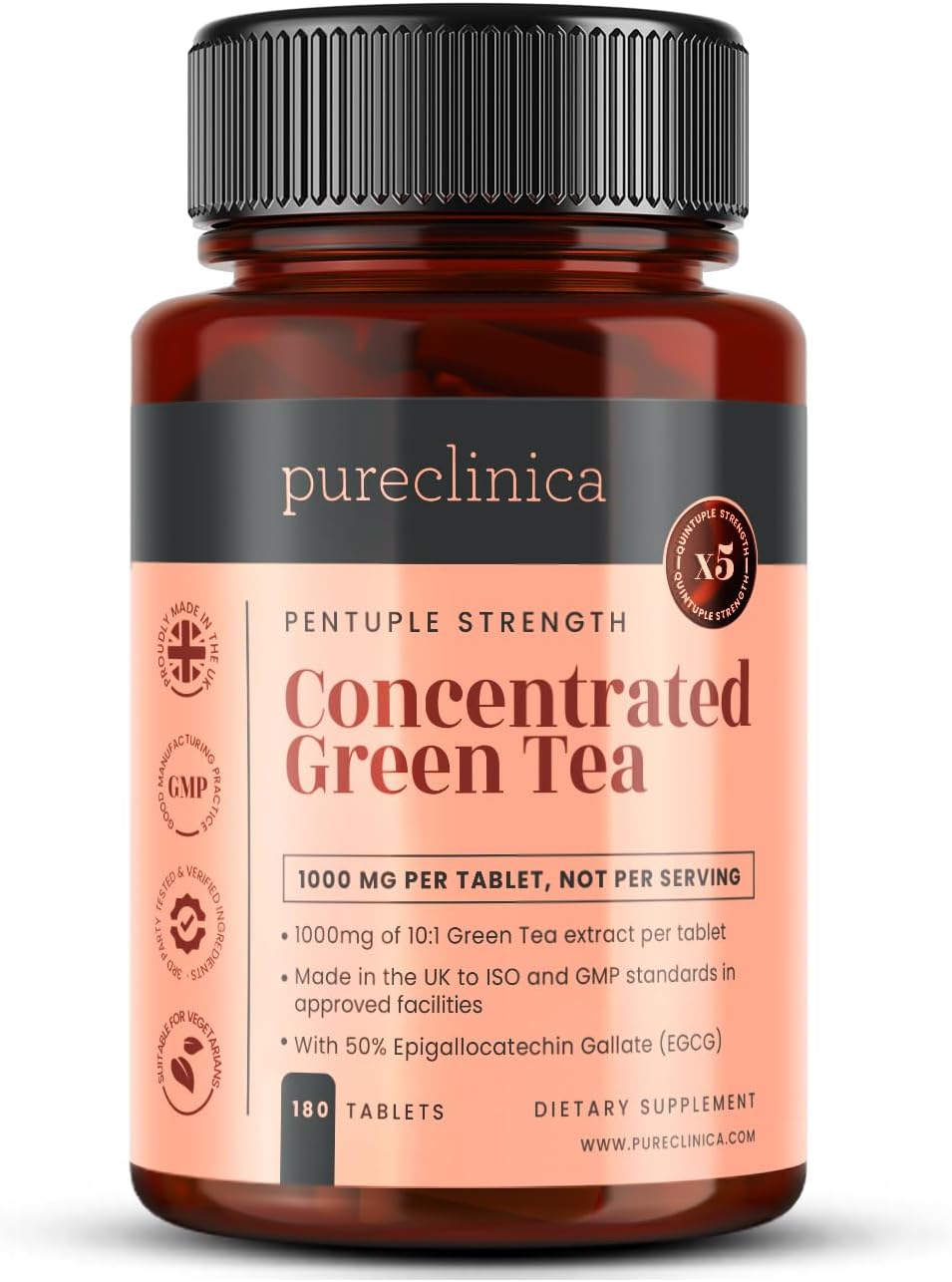 pureclinica Green Tea Extract 1000mg (10:1) – 180 Tablets – 6 Months Supply