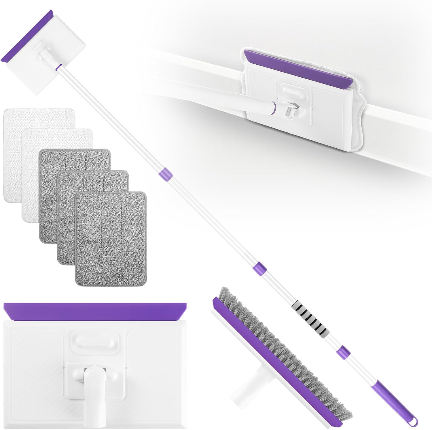 wlich Baseboard Cleaner Tool with Handle 2.0, 60″ Extendable Long Handle, Dust Trapping and Locking, 5 Reusable Pads, Purple Base Boards Cleaning Tool for Moldings, Wall, Floor, Bathroom, Kitchen